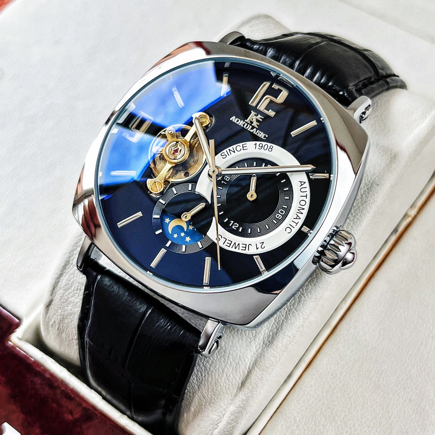 Mens Square Fully Automatic Mechanical Watch Casual Mens Wristwatch